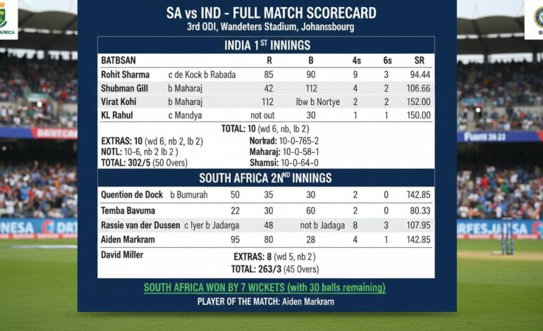 SA vs IND Cricket Scorecard – Full Match Details & Stats