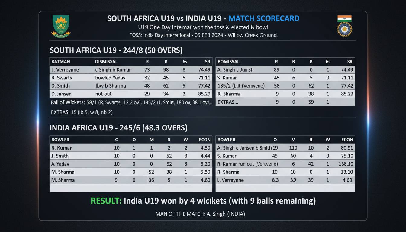 South Africa U19 vs India U19 Match Scorecard | SA U19 vs IND U19